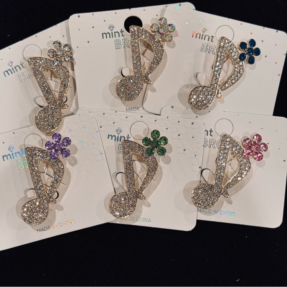 NWT Mint Rhinestone Music Note & Flower Brooch Pin - Picture 8 of 8